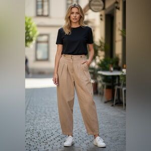 Anthro Moon River Barrel Pants Pleated High Waist Tan Small